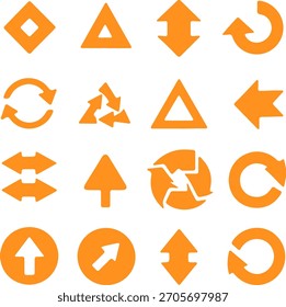 Orangefarbener Navigationspfeil, Symbolsatz, ui ux-Symbole und Zeiger, Vektorgrafik-Sammlung