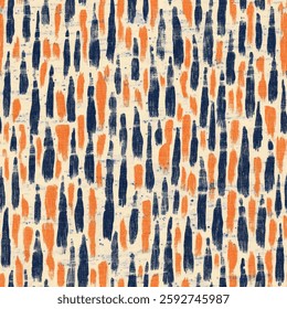 Orange and navy blue brush strokes on a cream background, boho shapes. grunge lines ikat pattern, seamless pattern, Vector illustration background for print the paper.