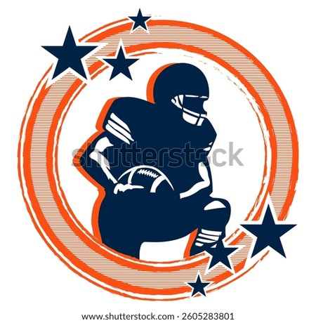Orange and navy blue round frame with stars and football helmet, sport vector graphics, retro style