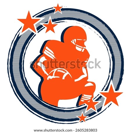 Orange and navy blue round frame with stars and football helmet, sport vector graphics, retro style