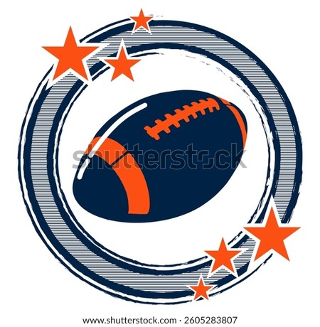 Orange and navy blue round frame with stars and football helmet, sport vector graphics, retro style