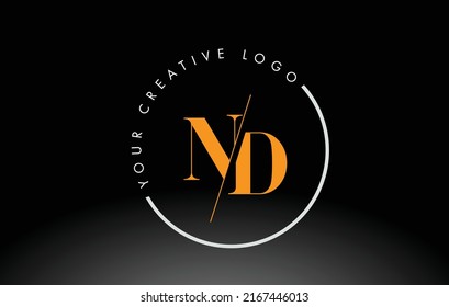 Orange ND Letter Logo Design with Creative Intersected and Cutted Serif Font.