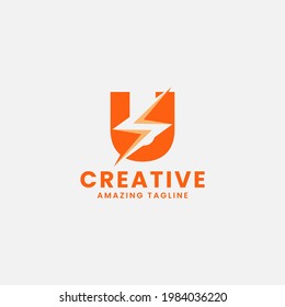 Orange Negative Space Flash on Letter U Monogram Initial Logo in White Background