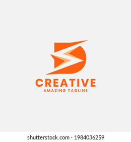 Flash de espacio negativo naranja sobre el logotipo inicial del monograma D de la letra en fondo blanco