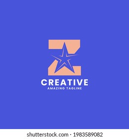 Orange negative space star on letter Z logo ini blue background