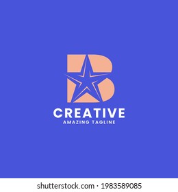 Orange negative space star on letter B logo ini blue background