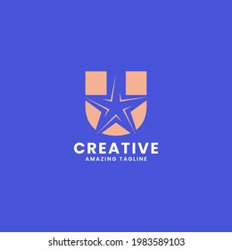 Orange negative space star on letter U logo ini blue background