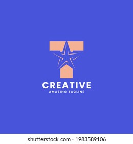 Orange negative space star on letter T logo ini blue background
