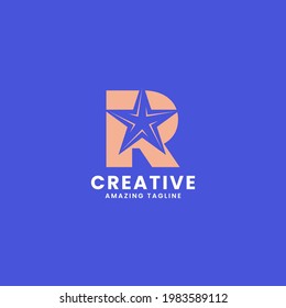 Orange negative space star on letter R logo ini blue background