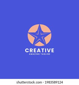 Orange negative space star on letter O logo ini blue background