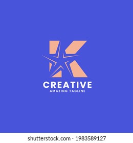 Orange negative space star on letter K logo ini blue background