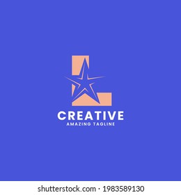 Orange negative space star on letter L logo ini blue background
