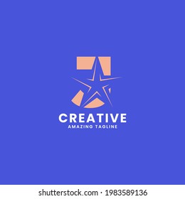 Orange negative space star on letter J logo ini blue background