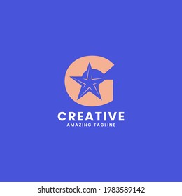 Orange negative space star on letter G logo ini blue background