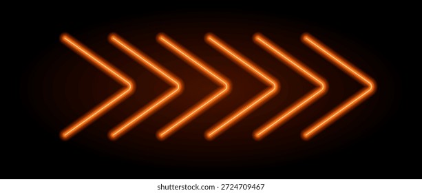 Elemento de seta laranja neon. Sinal de direção de led brilhante quente. Brilhar lâmpadas de tubo em forma de ponta de seta. Efeito de ponteiro luminoso fluorescente brilhante para faixa, cartaz, logotipo. Ilustração de luz conduzida de néon de vetor