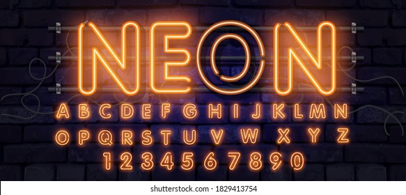 Orange Neon Font, Complete Alphabet And Numbers. Glowing Alphabet, Electric Stand, Against A Brick Wall Background, Electric Abc..