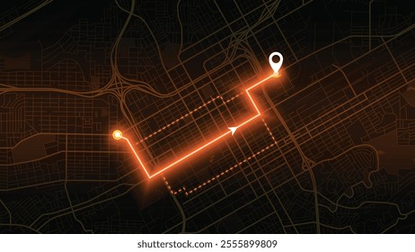 orange neon GPS road map of Birmingham with the arrow that moves to the point of destination