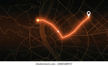 orange neon GPS road map of Budapest with the arrow that moves to the point of destination