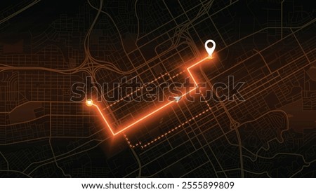 orange neon GPS road map of Birmingham with the arrow that moves to the point of destination