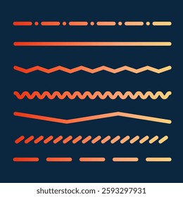 Orange neon gradient lines. Dashed and Waves Dynamic shapes collection on black background