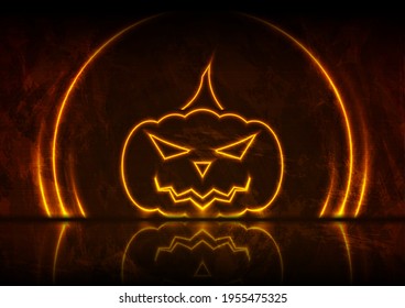 Orange neon Halloween pumpkin on grunge wall background with reflection. Vector design