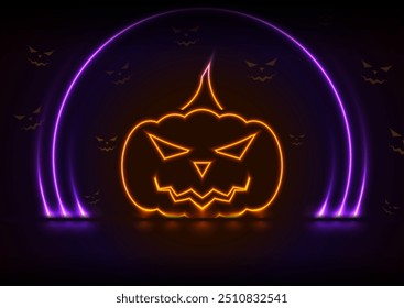 Orange neon Halloween pumpkin and violet laser rings abstract holiday background. Vector modern greeting card design