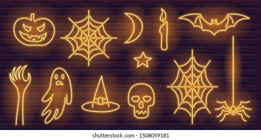 orange neon halloween signs set