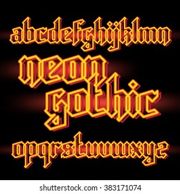 Orange Neon Light Gothic Alphabet Font. Vector Font Set