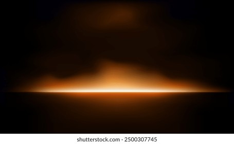 Orange neon light studio backdrop on black background with smoke reflecting backlight on wall and floor, dark room excitement and heat, excitement of competition, future and modern technology.