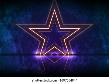 Orange neon luminous stars on grunge wall background. Abstract shiny vector background