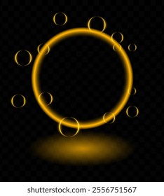 Orange neon magic ring effect. Glowing circular frame vibrant neon light, floating translucent orbs, soap bubbles, wallpaper, futuristic, tech-inspired, or decorative designs.