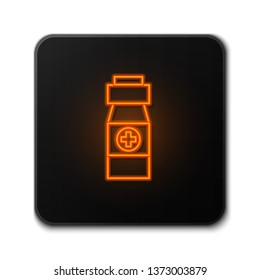 Orange neon sign on dark backgraund Medicine bottle icon. Healthcare symbol