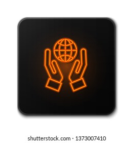 Orange neon sign on dark backgraund Save earth icon design. Save globe logo