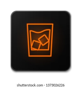 Orange neon sign on dark backgraund Whiskey in the glass with ice cubes icon.