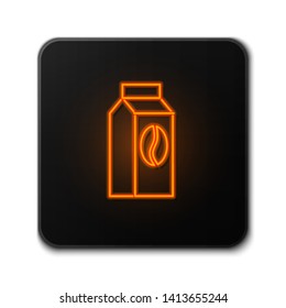 Orange neon sign on dark background  Coffee package icon