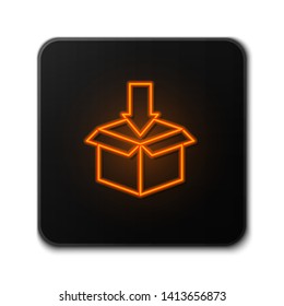 Orange neon sign on dark background  Box icon, delivery and shipping, open package, unbox icon with check sign. Box icon and approved, confirm, done, tick, completed symbol