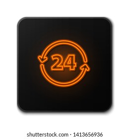Orange neon sign on dark background  Twenty four hour icon. Time symbol