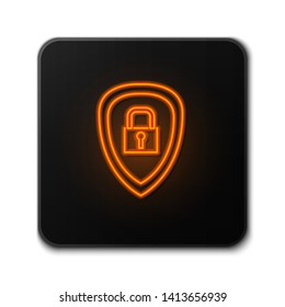 Orange neon sign on dark background Parcel protection icon.