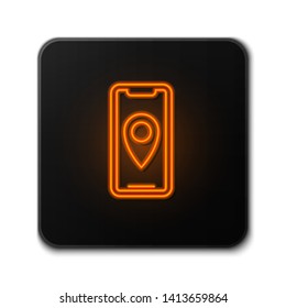 Orange neon sign on dark background  Package tracking icon