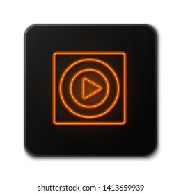 Orange neon sign on dark background  Play icon. Music and video play symbol