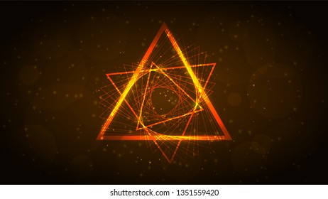Orange neon triangle of interweaving lines with glitter and radiance, spirograph, geometric shape. Abstract dark and shining galaxy space background. Eps10 vector illustration.