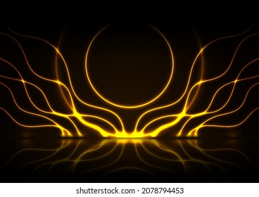 Orange Neon Wavy Pattern With Circles. Abstract Shiny Technology Retro Background. Futuristic Glowing Vector Design