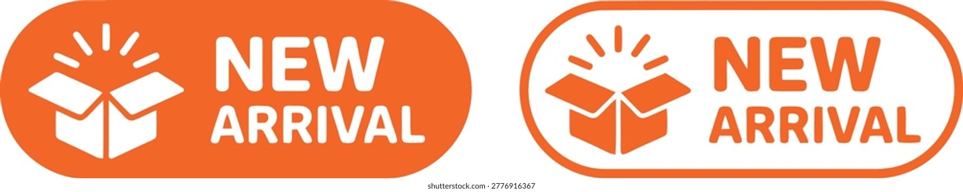 Orange new arrival labels with open box icon on white background, retail promotion badge design