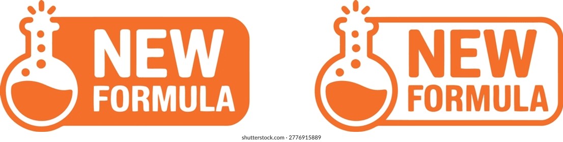 Orange new formula label with laboratory flask icon, isolated on white background in two badge style variations.