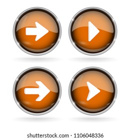 Orange Next buttons with chrome frame. Round glass shiny 3d icons with arrows. Vector illustration isolated on white background
