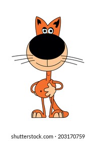 Orange nice cat with smile is standing on white background.