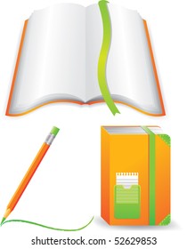 Orange notebook, open book and pencil.  Isolated on a white background. Vector illustration (EPS8). All parts (object) closed, possibility to edit.
