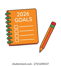 Bloc de notas naranja con texto de objetivos de 2026 y lista de verificación para la planificación de la resolución de año nuevo 