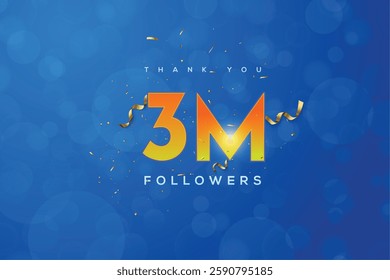 Orange number 3M isolated on Blue background Thank you followers peoples, 3M online social group, 4M followers celebration template design 