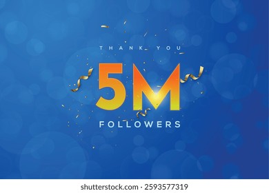 Orange number 5M isolated on Blue background Thank you followers peoples, 5M online social group, 6M followers celebration template design 